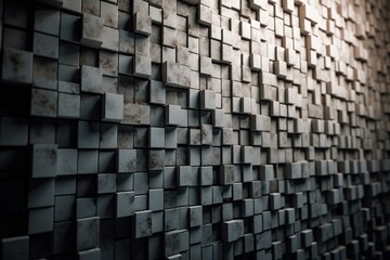 3D polished concrete mosaic wall made of stacked square bricks in a semigloss block background. Rendered digitally. Generative AI