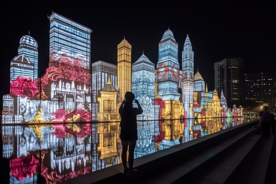 An awe-inspiring image of a person watching a 3D projection mapping show, capturing the wonder and excitement of immersive visual experiences. Generative AI