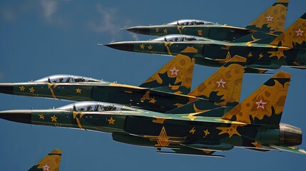 five modern chinese war aircrafts with national symbols in flight