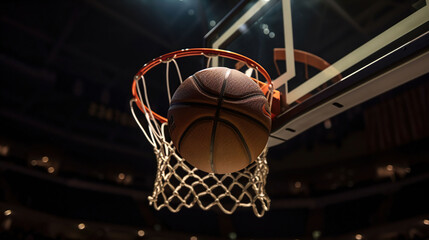 Basketball going through the basket at a sports arena, generative ai