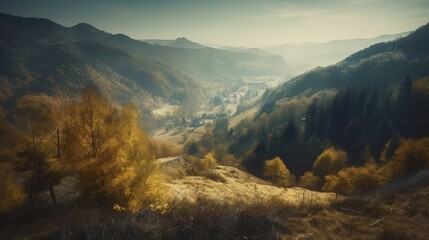 Image of mountain valley with mountains and a forest. Generative AI