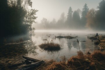 A foggy lake's center. Generative AI