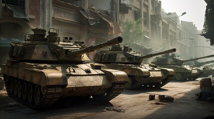 Naklejka premium modern tanks at the demolished city street, war at town concept
