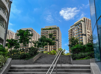 Obraz na płótnie Canvas View of steps, green trees and multi-storey buildings in city