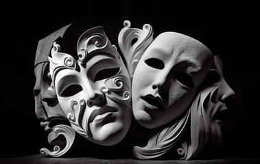 Fototapeta white plaster theatrical masks on a black background. Generative AI obraz
