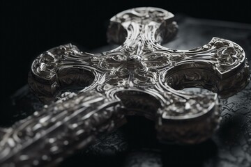 A metal engraving depicting a distorted cross. Generative AI - obrazy, fototapety, plakaty
