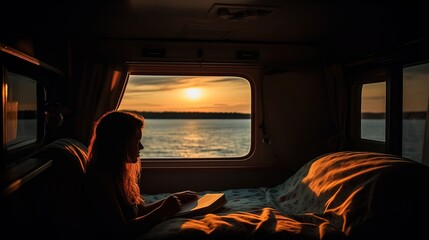 Young woman on bed in retro van with shirt using her phone