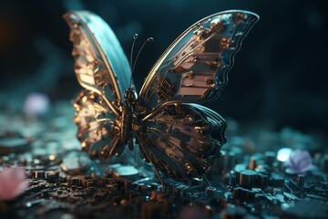 Fototapeta na wymiar Cyber-butterfly on tech bouquet. Digital art. Generative AI