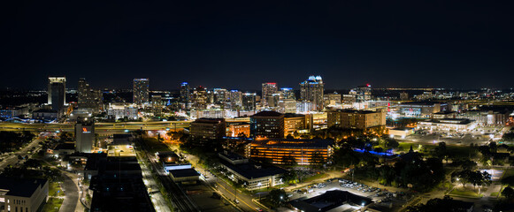 Aerial view of downtown Orlando, Florida city skyline. Lower angle view. USA. April 28, 2023.