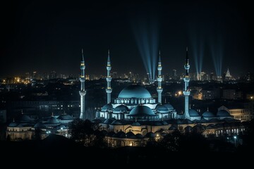 Fototapeta na wymiar Night skyline with domes and minarets. Generative AI