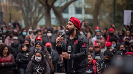 A public speaker addressing a crowd on the importance of solidarity and unity. Generative AI