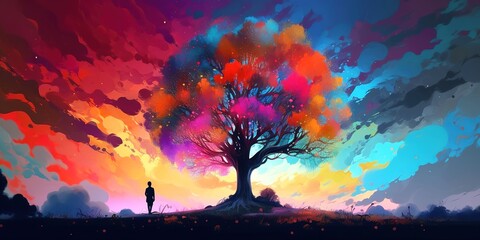 Colorful fantasy tree with person and amazing magical sky. Generative AI