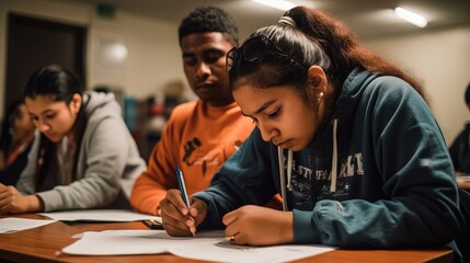 Migrants learning a new language in a classroom setting to better integrate into their new community. Generative AI