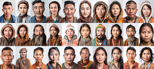 Head shot portraits collage of different Asian indigenous natives. Studio shot background. Generative AI