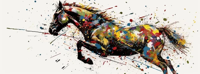 Poster Im Rahmen Equestrian sport horse jump colorful splash. Generative AI   © Diatomic