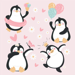 A set of cute, funny penguins, vector design.