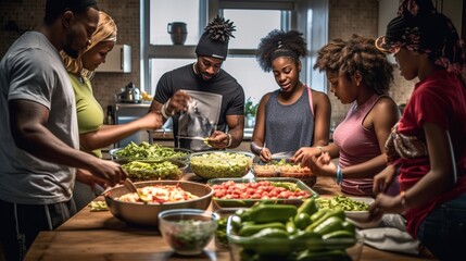 A family preparing a healthy meal together, focusing on foods that help manage diabetes. Generative AI
