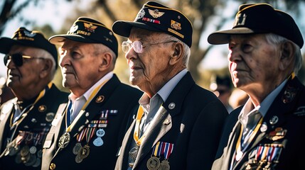 A group of veterans wearing their military uniforms and medals, standing proudly during veterans Day ceremony. Generative AI - obrazy, fototapety, plakaty