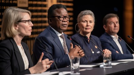 A panel discussion with representatives from various countries, addressing global challenges and working together for a better future. Generative AI