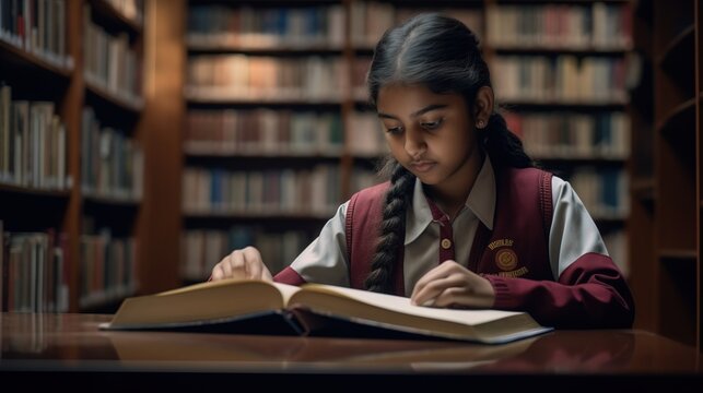 Girl reading a book in a library, highlighting the importance of literacy and education on international Day of the Girl Child. Generative AI - Powered by Adobe