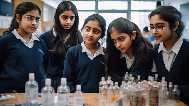 A group of girls participating in a science fair, showcasing their talents and breaking gender stereotypes. Generative AI