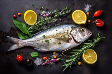Fish with vegetables, herbs, lemon and spices. AI Generated