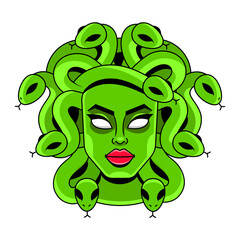 Medusa Gorgon head on a shield hand drawn line art and dot work tattoo or print design isolated vector illustration. Gorgoneion is a protective