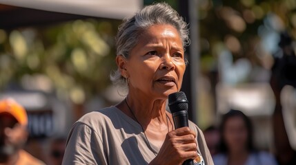 Woman giving a speech about democracy and the importance of voting during a public event. Generative AI