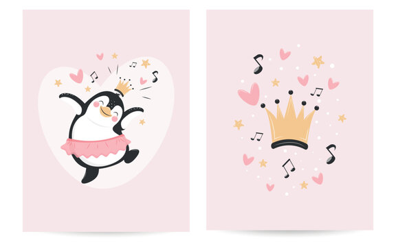 Funny penguin. The little princess. Beautiful design for postcards, covers, packaging. Vector illustration