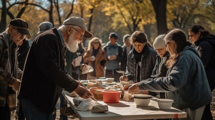 A group of volunteers distributing food to the homeless in a city park. Generative AI
