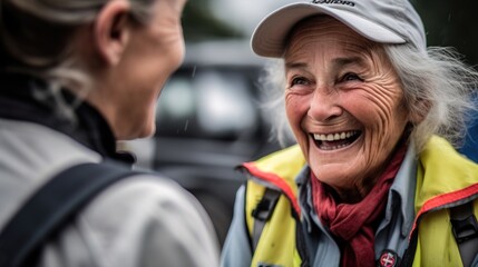 A mid-shot of a humanitarian aid worker sharing a moment of joy with a local resident, showcasing the positive impact of their work. Generative AI