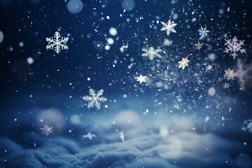 Fototapeta na wymiar Winter-themed background with snowflakes, stars, and falling snow. An abstract Christmas backdrop with heavy snowfall and snowflakes in the sky. Generative AI
