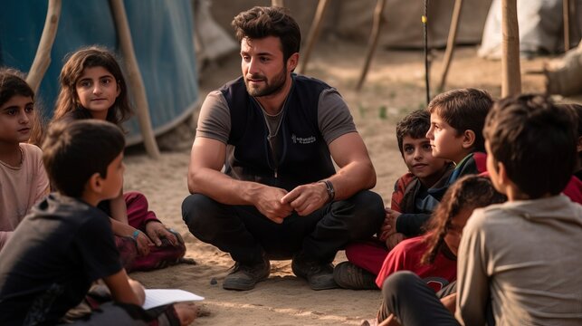 A mid-shot of a humanitarian worker teaching a group of children in a refugee camp, highlighting the importance of education in crisis situations. Generative AI