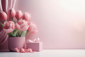 Happy Mothers Day celebration illustration with shades of pink beautiful flowers and  a bowed present with a silky background generative AI illustration