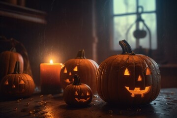 A Halloween scene with 3D pumpkins. Generative AI