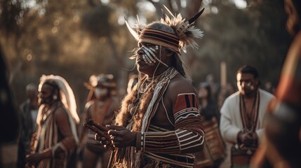 An indigenous dance performance taking place outdoors, with participants dressed in traditional costumes. Generative AI