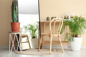 Interior of room with armchair, mirror, houseplants and big cactus