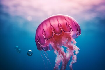 Pink jellyfish swim in blue sea with bubbles. Generative AI