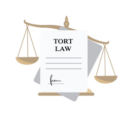 Tort law icon with paper document and scales of justice. Concept of tort law. Vector illustration isolated on white background - obrazy, fototapety, plakaty