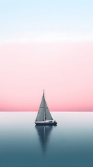 Minimalist sailing background of a sailboat reflecting on the still water. A lonely sailing boat floating in the ocean.