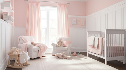 A cute and cozy nursery with light pink walls and white wainscoting, generative ai