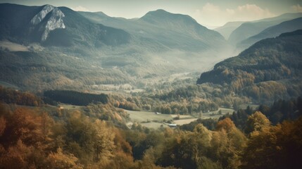 Obraz premium Image of mountain valley with mountains and a forest. Generative AI