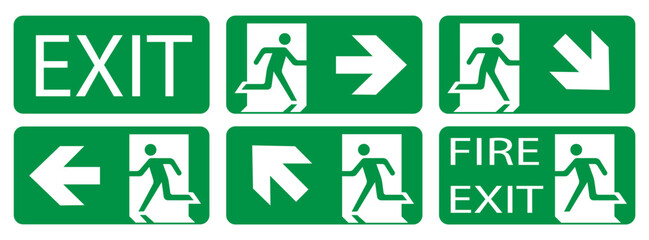 Fire exit sign, vector illustration. Green signs. ESP 10.