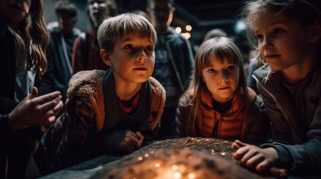 A group of children participating in an asteroid-themed science fair, learning about the fascinating world of space on International Asteroid Day. Generative AI