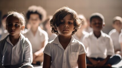 A group of children learning yoga and mindfulness techniques in a school on International Yoga Day. Generative AI