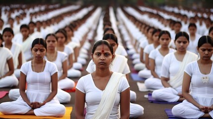 Many Indian women sitting in yoga pose outdoors, June 21- International Yoga Day