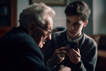 A grandfather and his grandson are sorting out a mobile phone together, exploring the technology together. AI generative
