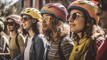 A group of friends wearing helmets and colorful outfits, preparing for a bike ride to celebrateWorld Bicycle Day. Generative AI
