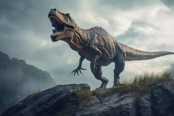 T-Rex on mountain rock. Generative AI