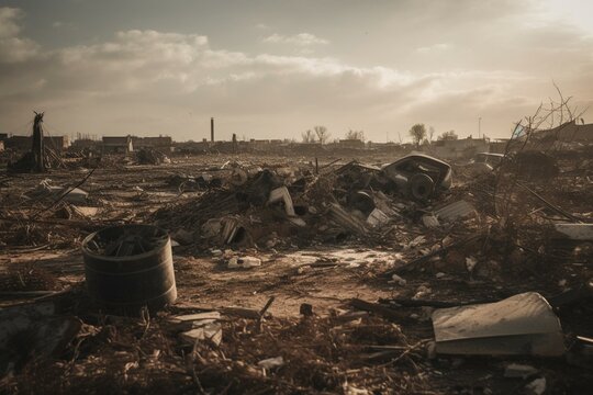 Rubble amassed post-tornado cleanup. Generative AI